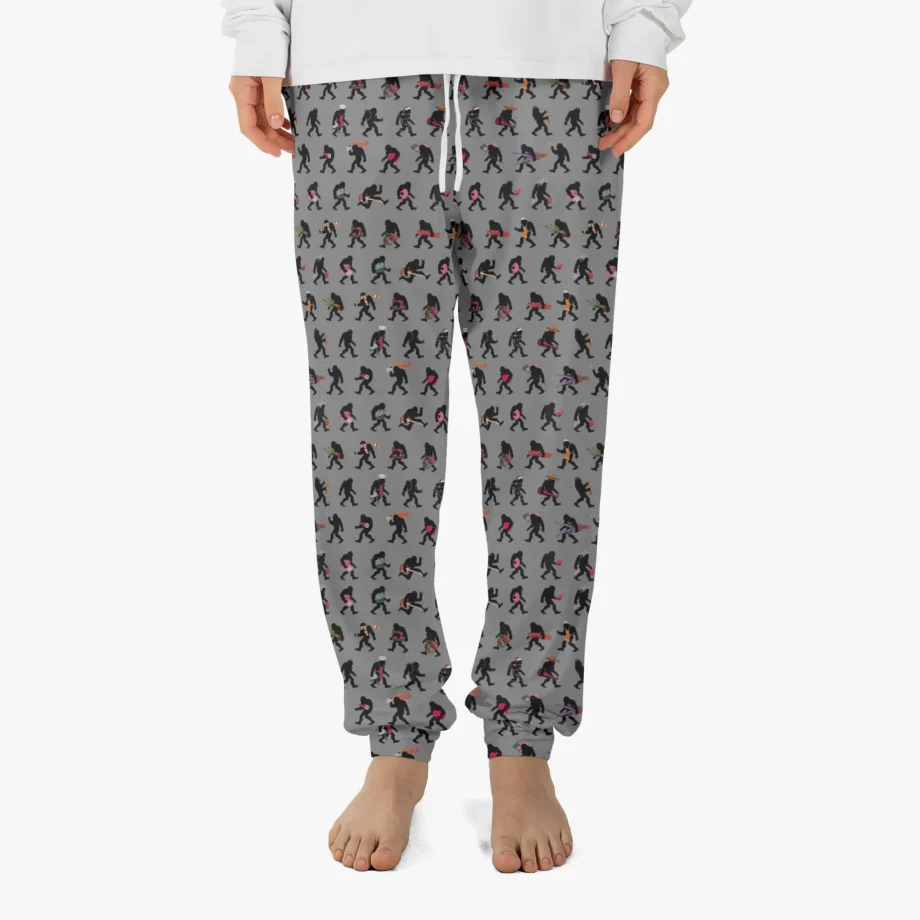 Playful Bigfoot pajama pants with a colorful Sasquatch silhouette pattern