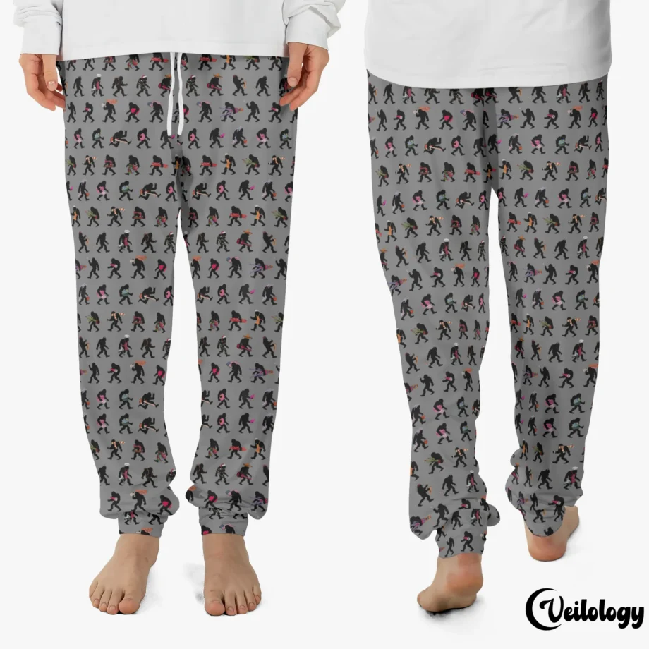 Cryptid-themed pajama pants with colorful Bigfoot silhouettes