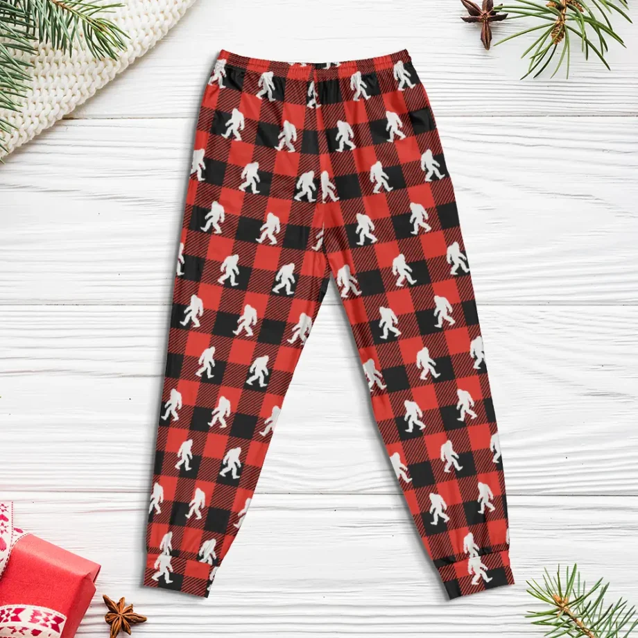 Bigfoot pajama pants with a festive red and black plaid Sasquatch design, perfect for Bigfoot gifts and cozy Christmas lounging