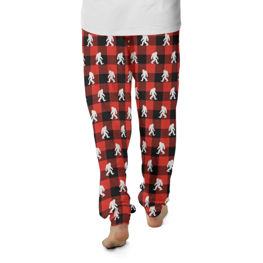 Back view of Sasquatch lounge pants with a festive red and black plaid design, a fun option for Bigfoot gifts