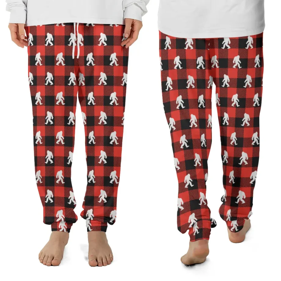 Front and back views of Bigfoot lounge pants with a plaid Sasquatch design, great for Christmas and Bigfoot gifts.