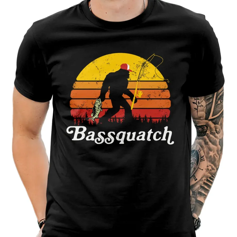 Bassquatch Bigfoot fishing shirt with a retro sunset design