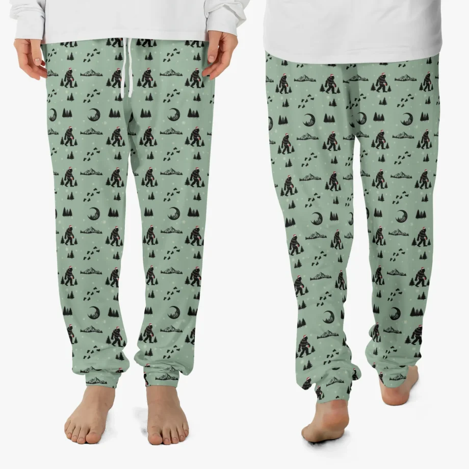 Santa Sasquatch pajama pants with holiday patterns for men and women