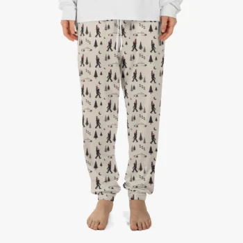 Bigfoot Christmas pajama pants with festive Sasquatch rock-and-roll design