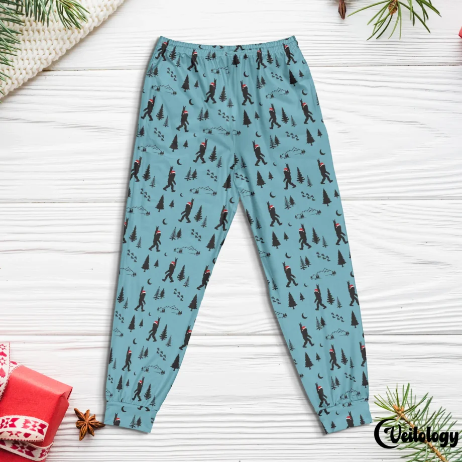 Rock & Roll Bigfoot lounge pants with festive holiday-themed Sasquatch design