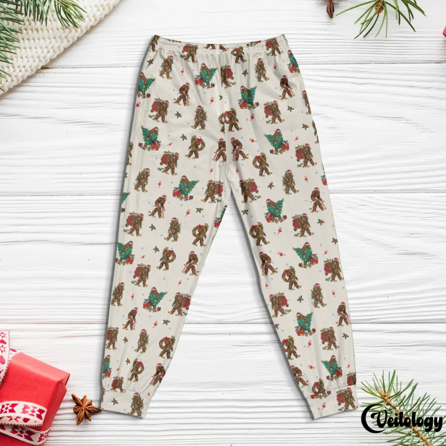 Whimsical Bigfoot PJ pants with Christmas trees and festive holiday patterns