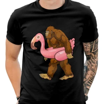 Bigfoot themed Sasquatch t shirt with a pink flamingo float design.