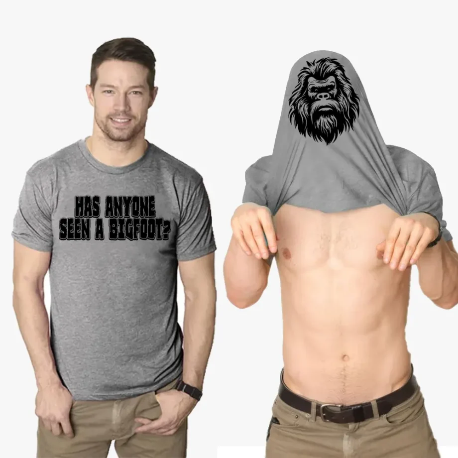 Funny Bigfoot flip shirt with a surprise Sasquatch illustration revealed when flipped