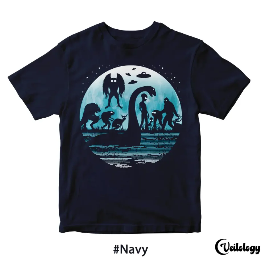 Funny cryptids shirt featuring Bigfoot, Nessie, and Mothman under a full moon