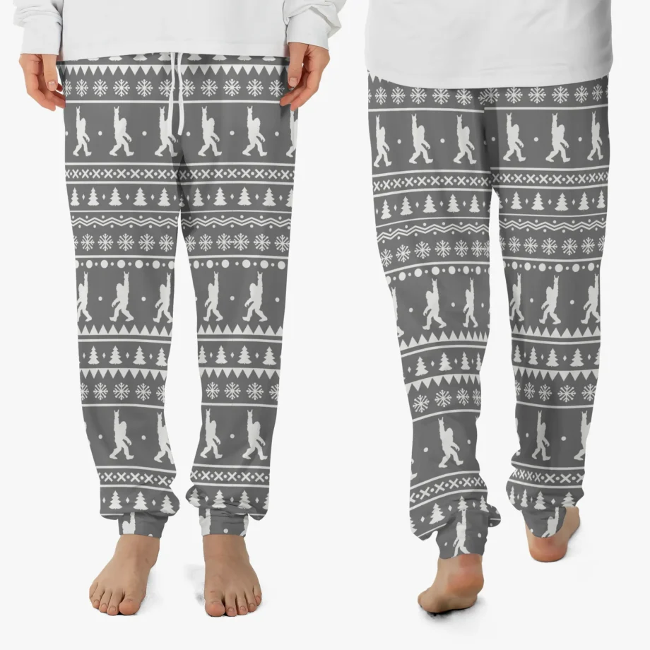 Festive Bigfoot pajama pants with Sasquatch and a funny rock-and-roll design