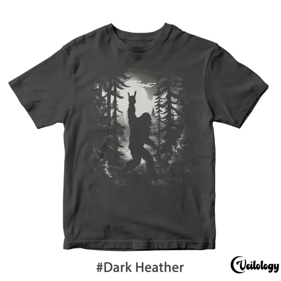 Bigfoot shirt featuring Sasquatch throwing a rock-and-roll hand sign in a forest