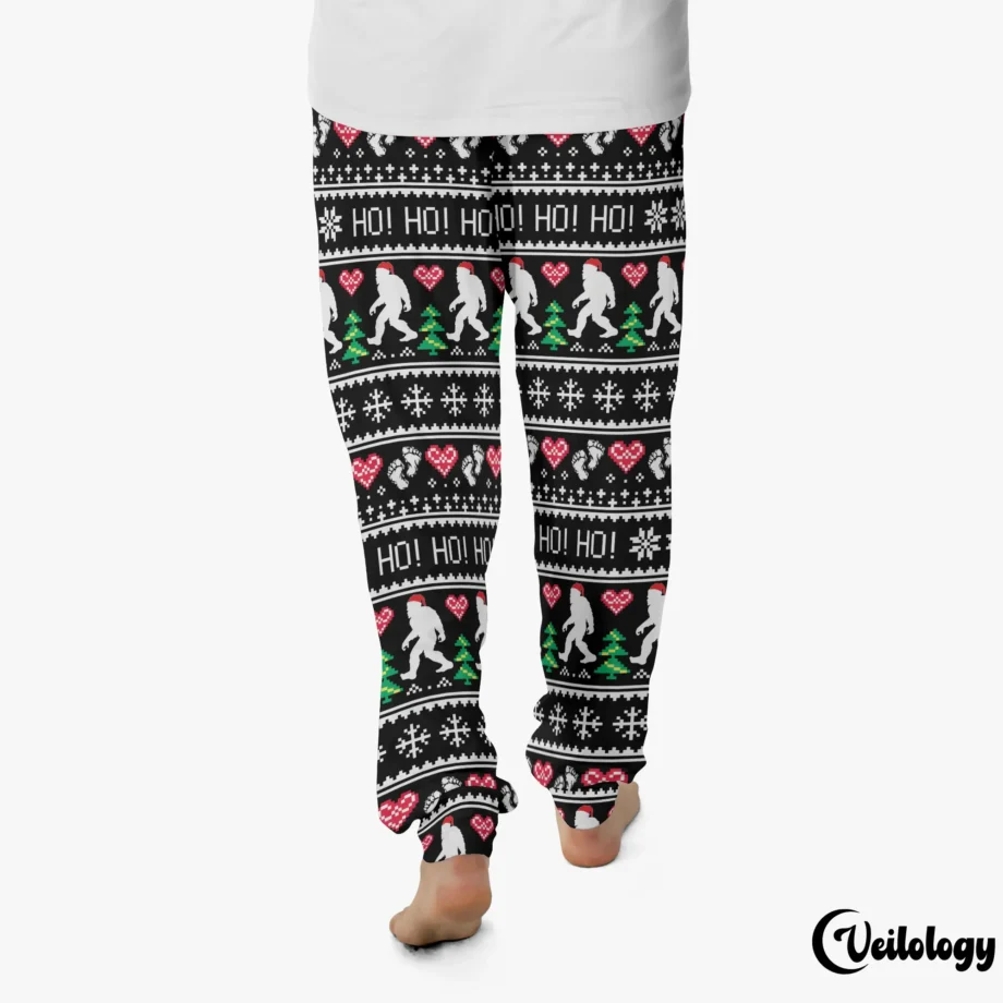 Festive Bigfoot Santa pajama pants with holiday-themed Sasquatch design