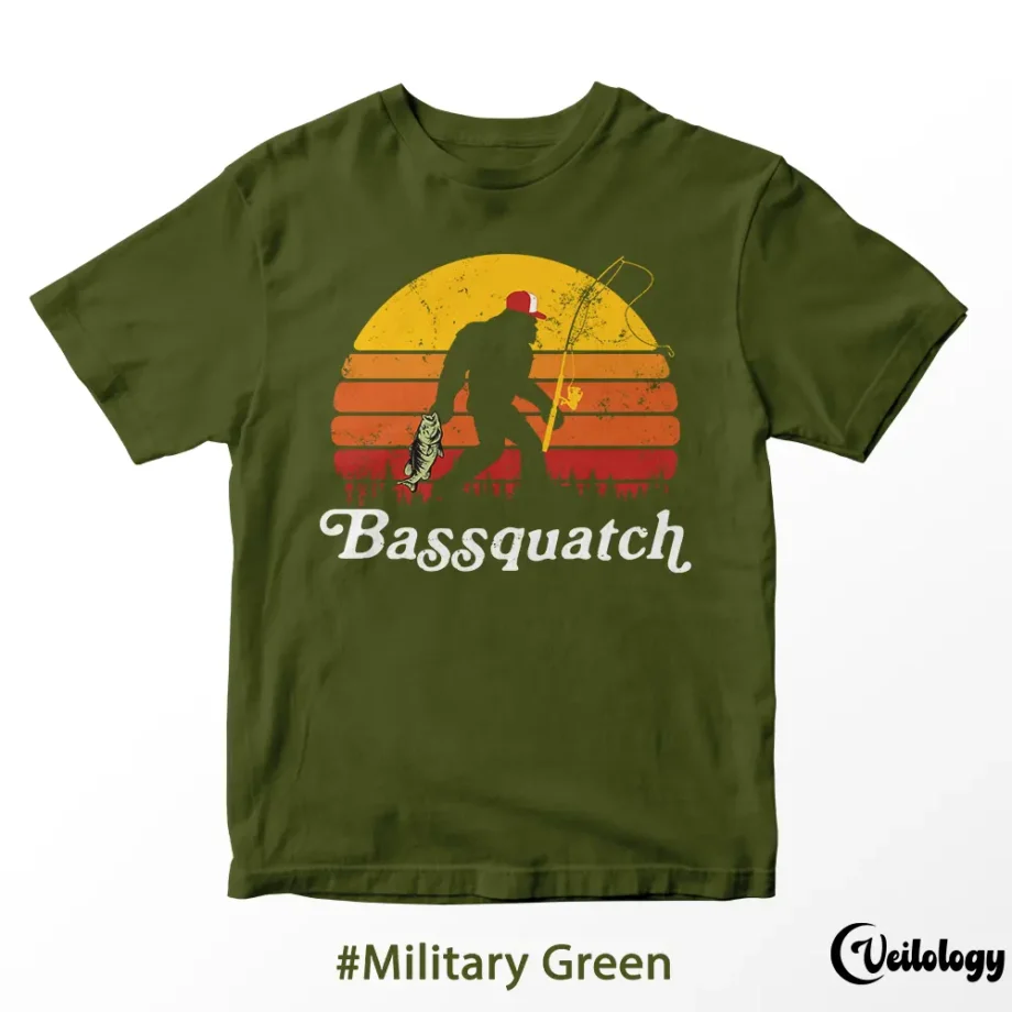 Sasquatch fishing tshirt with Bigfoot holding a bass under a sunset