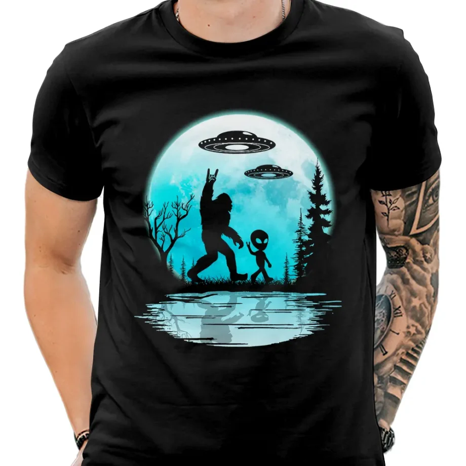 Bigfoot and alien t-shirt with full moon forest