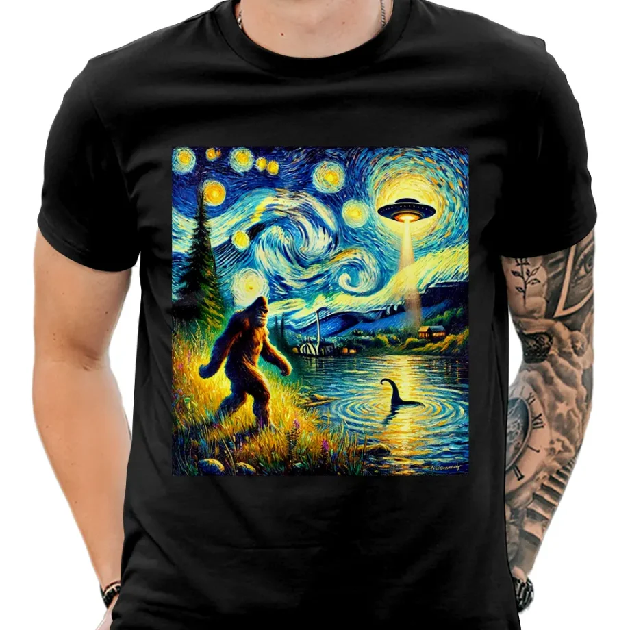 Bigfoot, UFO, and Loch Ness shirt with Starry Night-inspired cryptid art