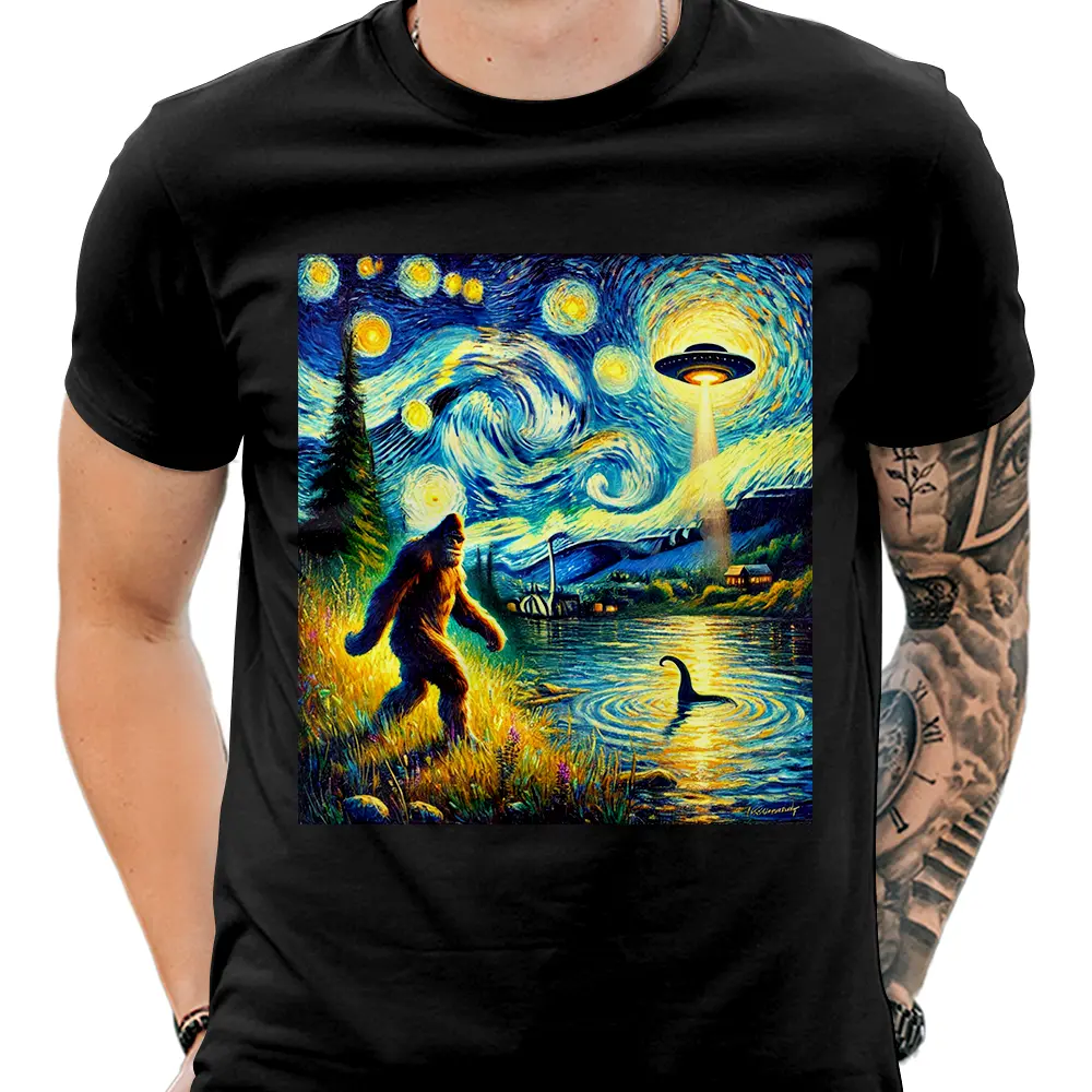 Bigfoot walking along a lakeshore under a starry night inspired by Van Gogh, with a glowing UFO in the sky and the Loch Ness monster in the water