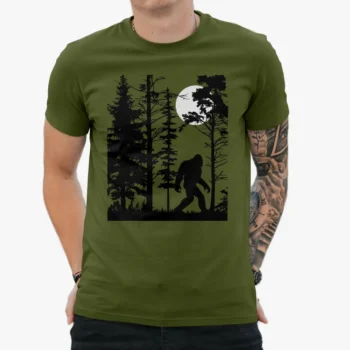 Bigfoot walking in a realistic silhouette under a glowing moonlit forest