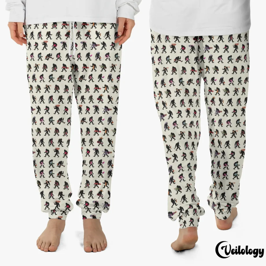 Cryptid-themed pajama pants with colorful Bigfoot silhouettes