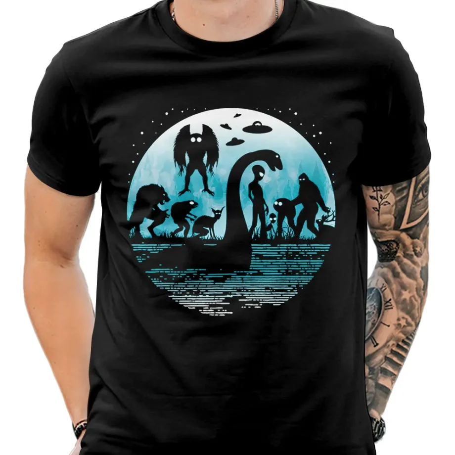 Cryptids shirt featuring Bigfoot, Loch Ness Monster, Mothman, and other legendary creatures