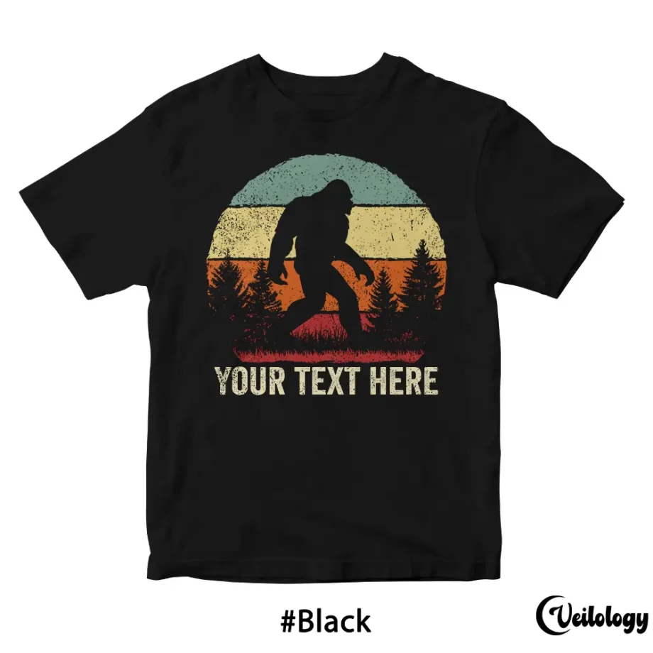 Custom Sasquatch t shirt with retro sunset design and personalized text option