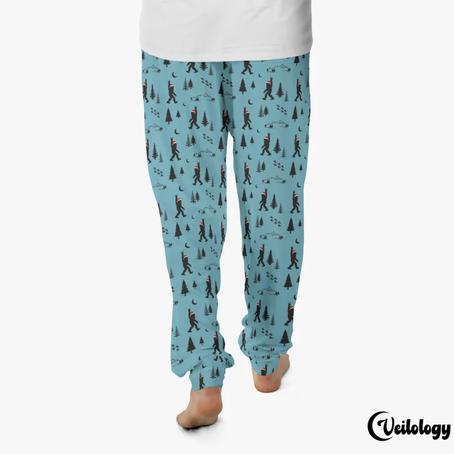 Festive Bigfoot Christmas pants with Sasquatch rocking around Christmas trees