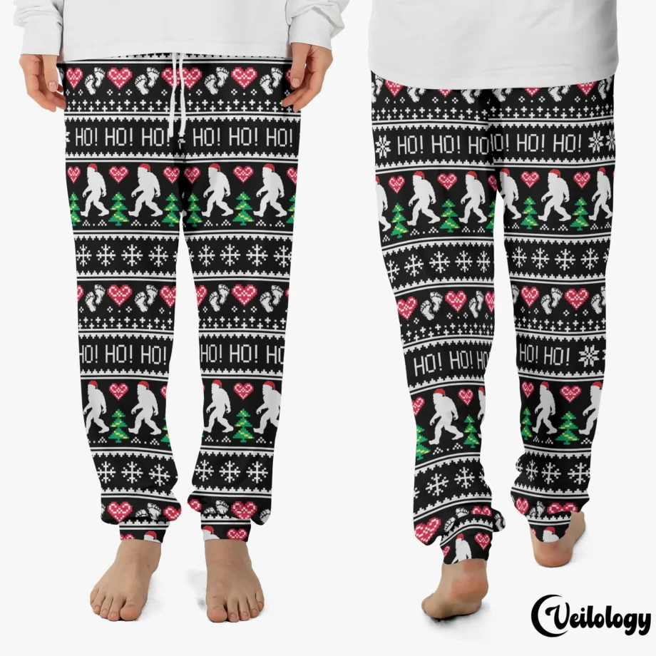 Bigfoot Santa Christmas pajama pants with Sasquatch holiday-themed pattern