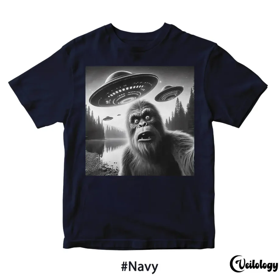 Bigfoot selfie shirt featuring Sasquatch and UFOs gifts