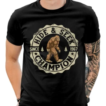 Retro Sasquatch t shirt celebrating Bigfoot as the 'Hide and Seek Champion' since 1967