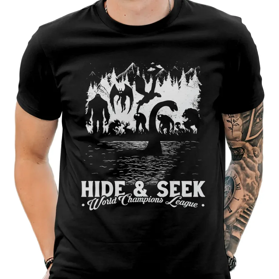 Hide & Seek cryptozoology shirt featuring Bigfoot, Nessie, Mothman, and other cryptids