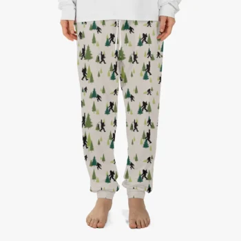 Bigfoot pajama pants with Sasquatch hiking through a whimsical forest