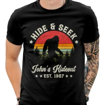 Personalized 'Hike and Seek' Bigfoot shirt with custom name design