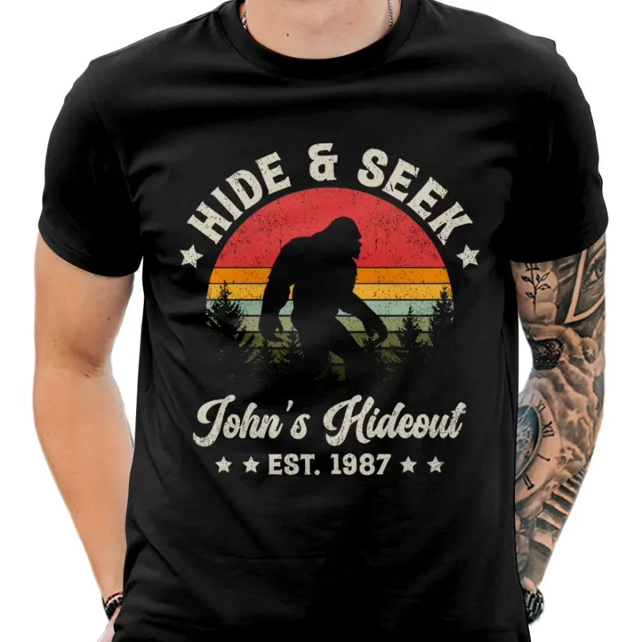 Personalized 'Hike and Seek' Bigfoot shirt with custom name design