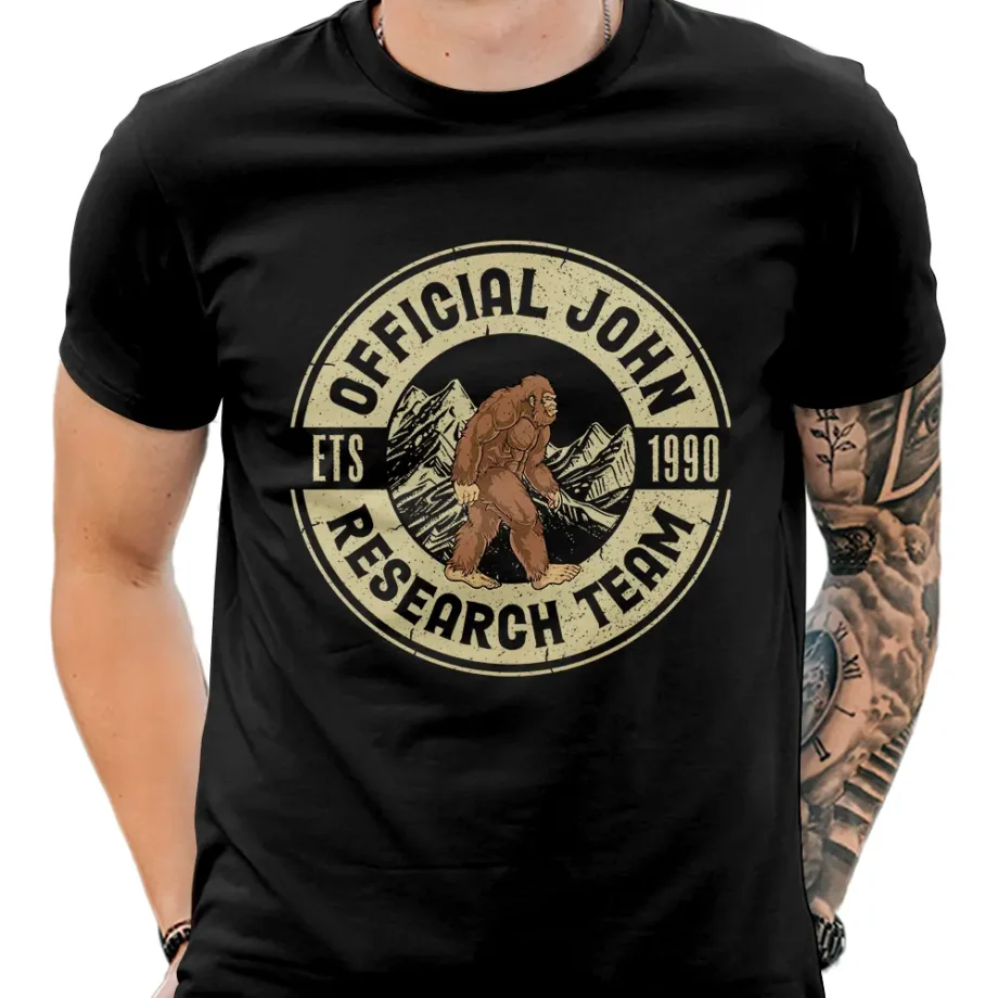 Personalized Bigfoot shirt with 'Official Sasquatch Research Team' text and mountain backdrop