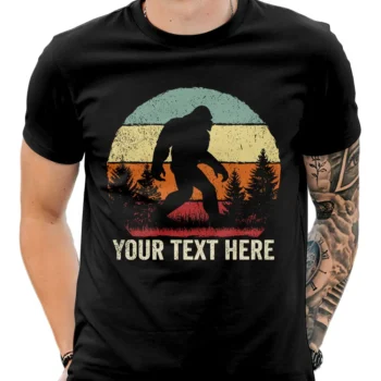 Personalized retro Bigfoot shirt with Sasquatch silhouette and sunset design