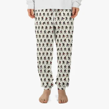 Playful Bigfoot pajama pants with a colorful Sasquatch silhouette pattern