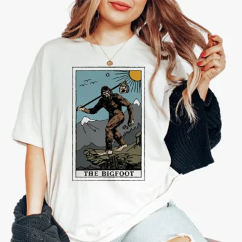 Retro Bigfoot tarot card shirt featuring a Sasquatch design for cryptid fans