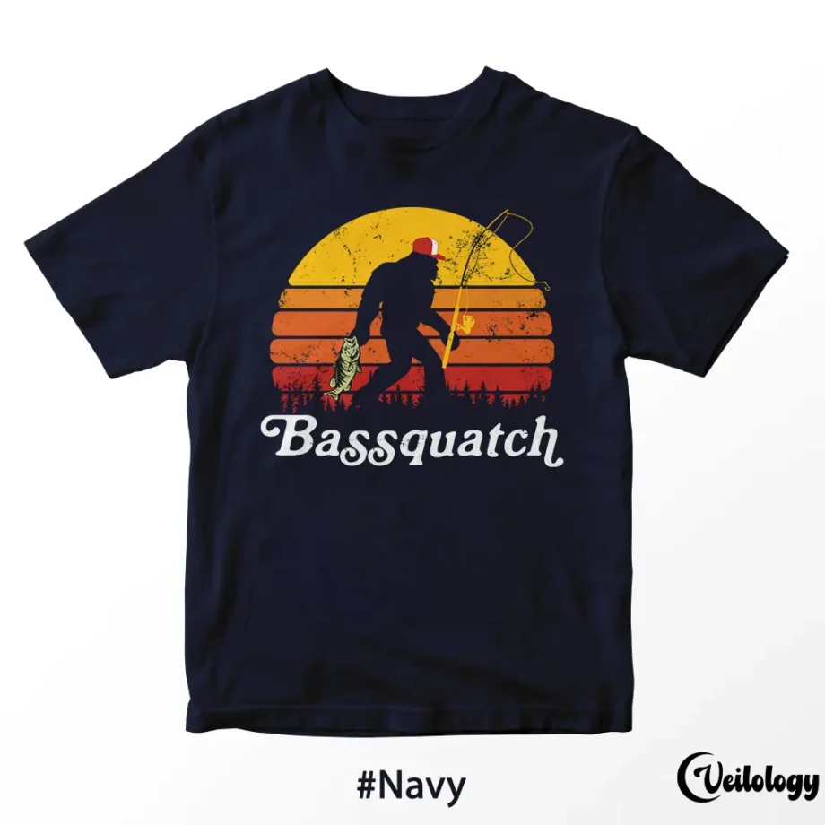 Bigfoot-themed Sasquatch fishing t shirt with a bass and retro sunset