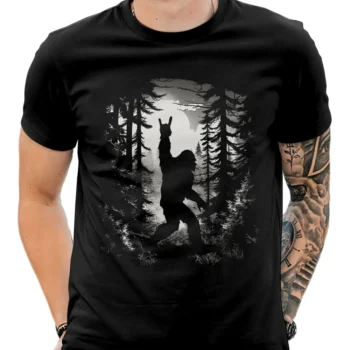 Sasquatch tshirt with Bigfoot rocking a forest scene and music vibes