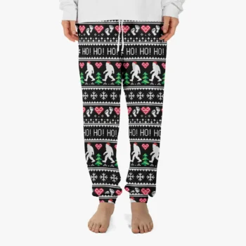 Santa Bigfoot pajama pants with festive Sasquatch Christmas design