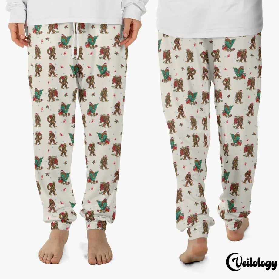 Holiday Sasquatch PJ bottoms with Christmas trees and festive decorations