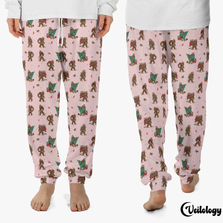 Holiday Sasquatch PJ bottoms with Christmas trees and festive decorations