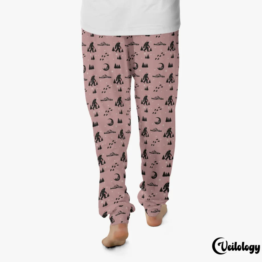 Unisex Christmas PJ bottoms with Sasquatch wearing a Santa hat