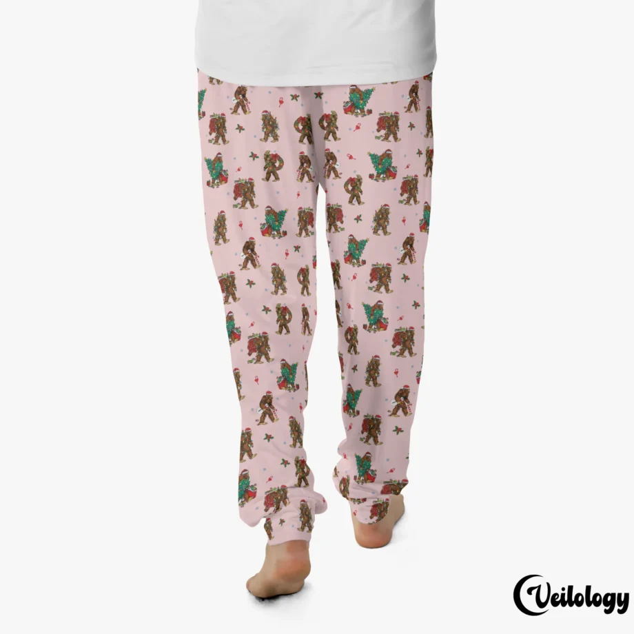 Bigfoot holiday pajama pants with Sasquatch and Christmas tree designs