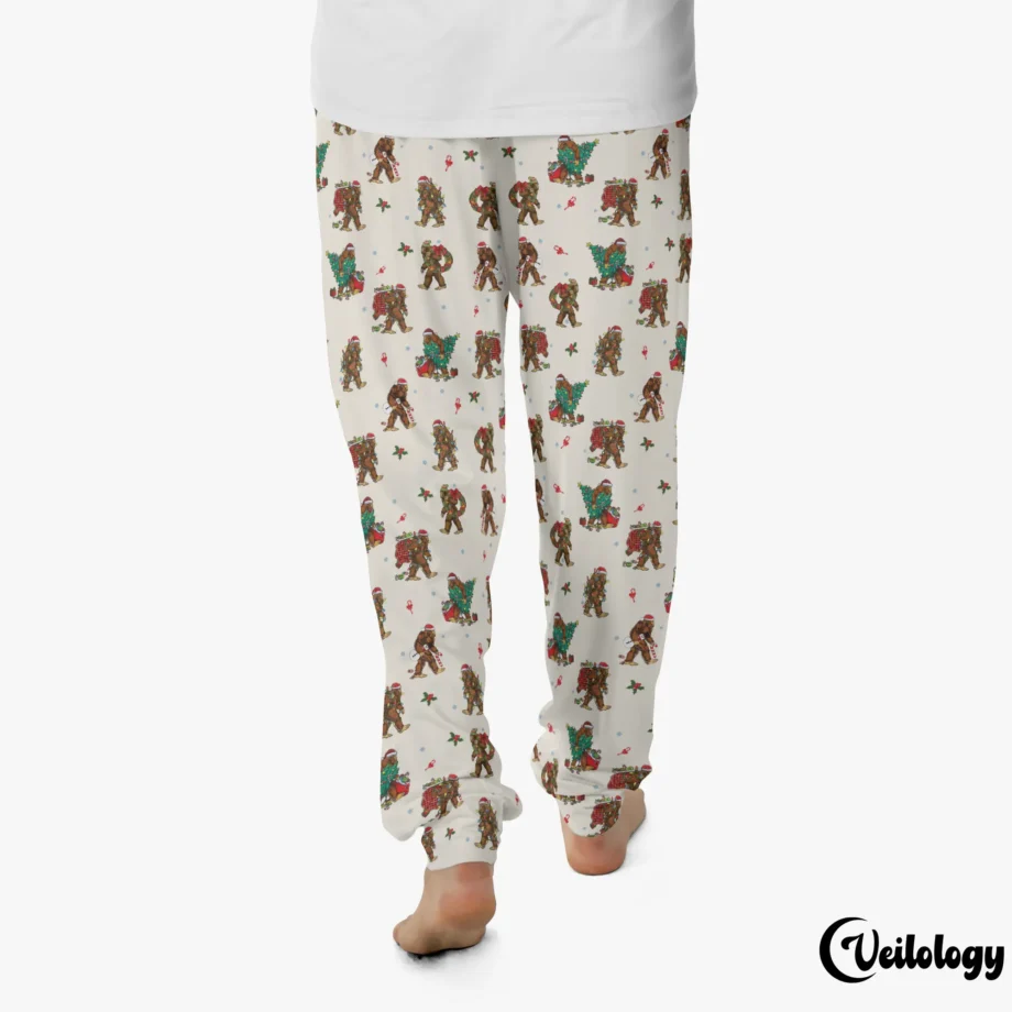 Bigfoot holiday pajama pants with Sasquatch and Christmas tree designs