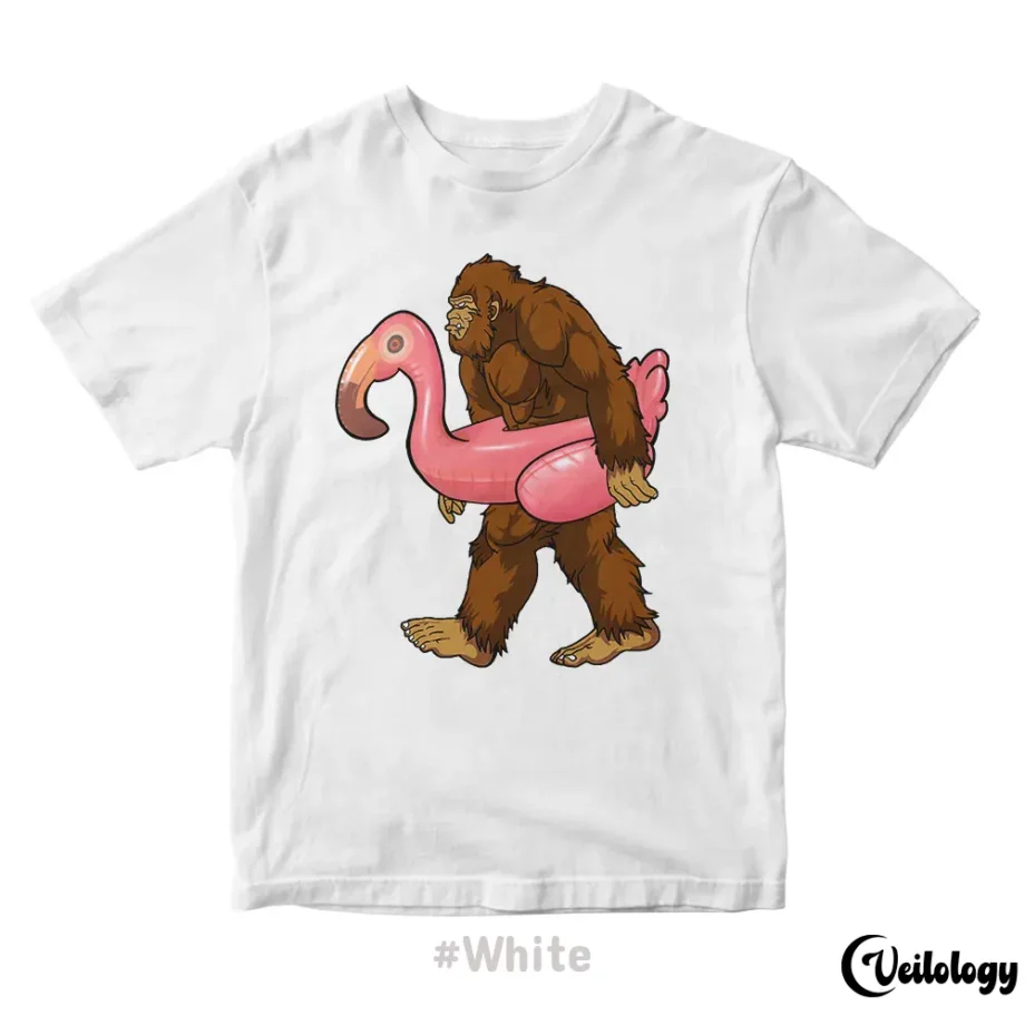 Bigfoot Sasquatch shirt featuring a pink flamingo float for summer vibes.