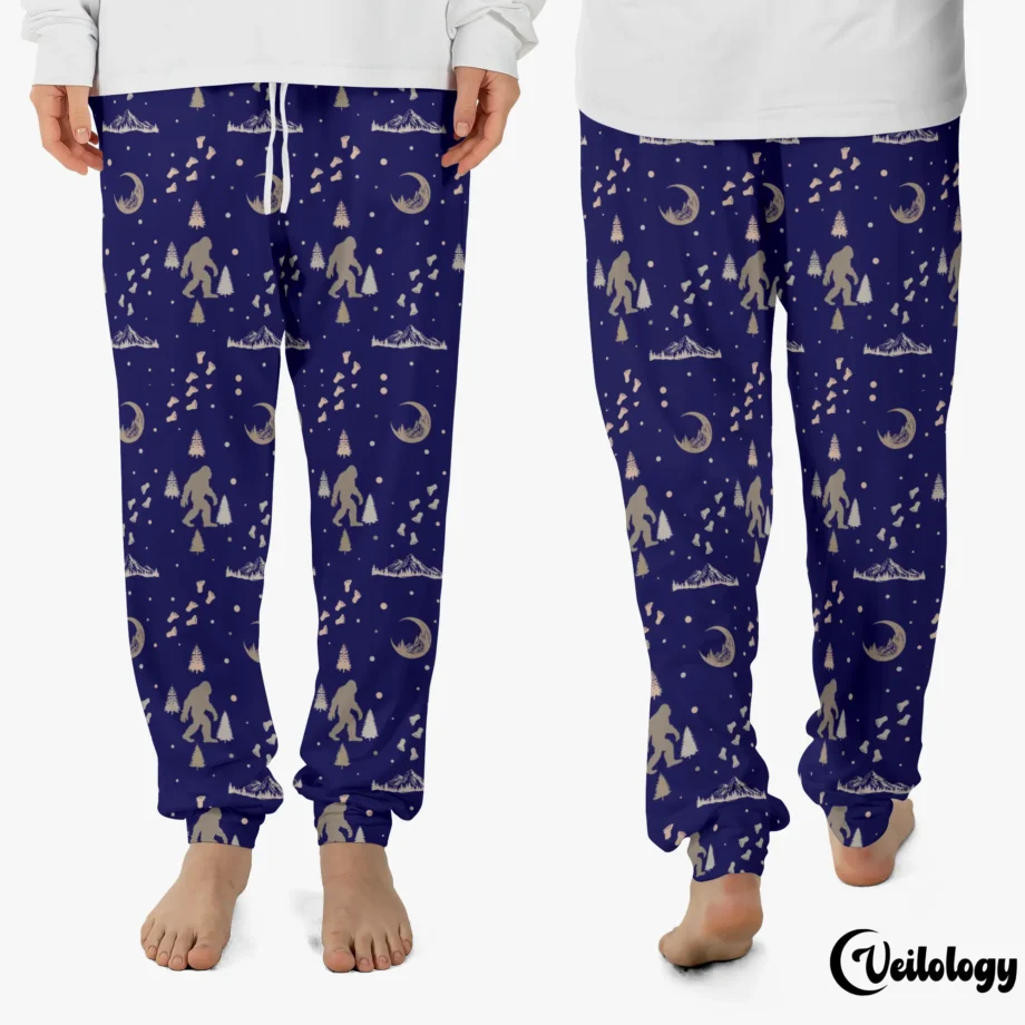 Festive Bigfoot Christmas pajama pants with Sasquatch footprint design