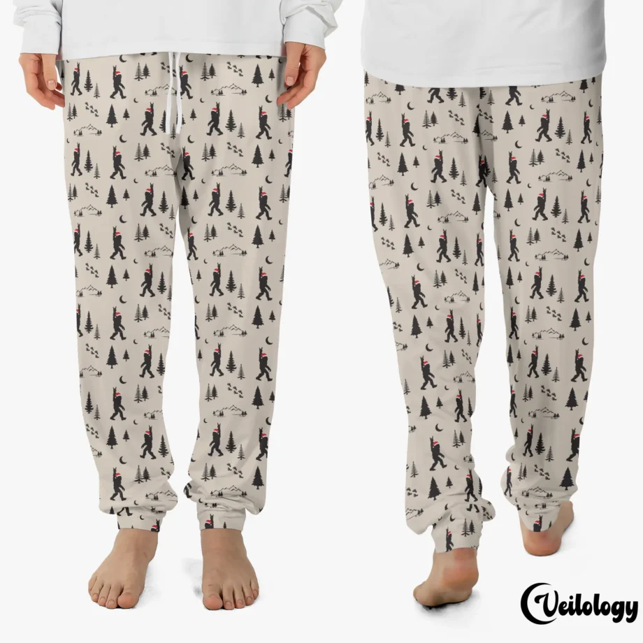 Sasquatch holiday pajama pants with Bigfoot Christmas-themed rock-and-roll pattern