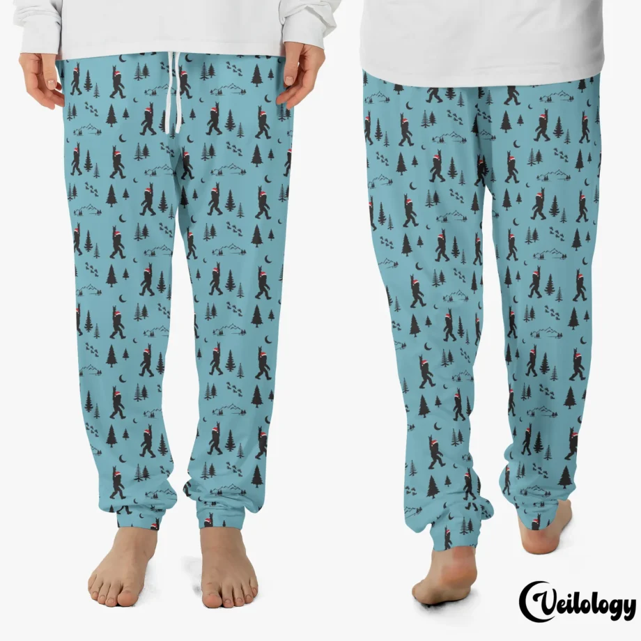 Sasquatch holiday pajama pants with Bigfoot Christmas-themed rock-and-roll pattern