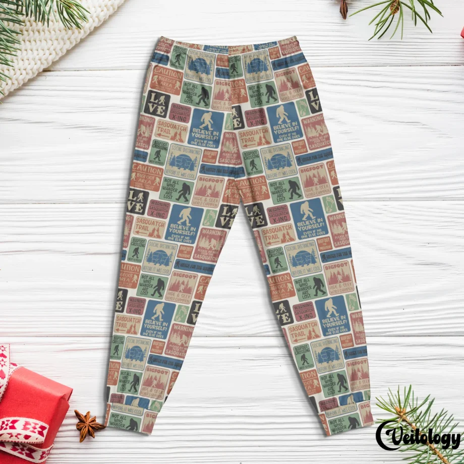 Retro Bigfoot pajama pants with a playful Sasquatch-themed pattern