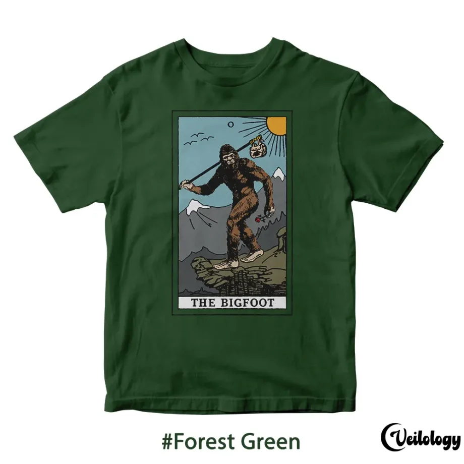 Sasquatch tarot card shirt with retro Bigfoot design for cryptid fans